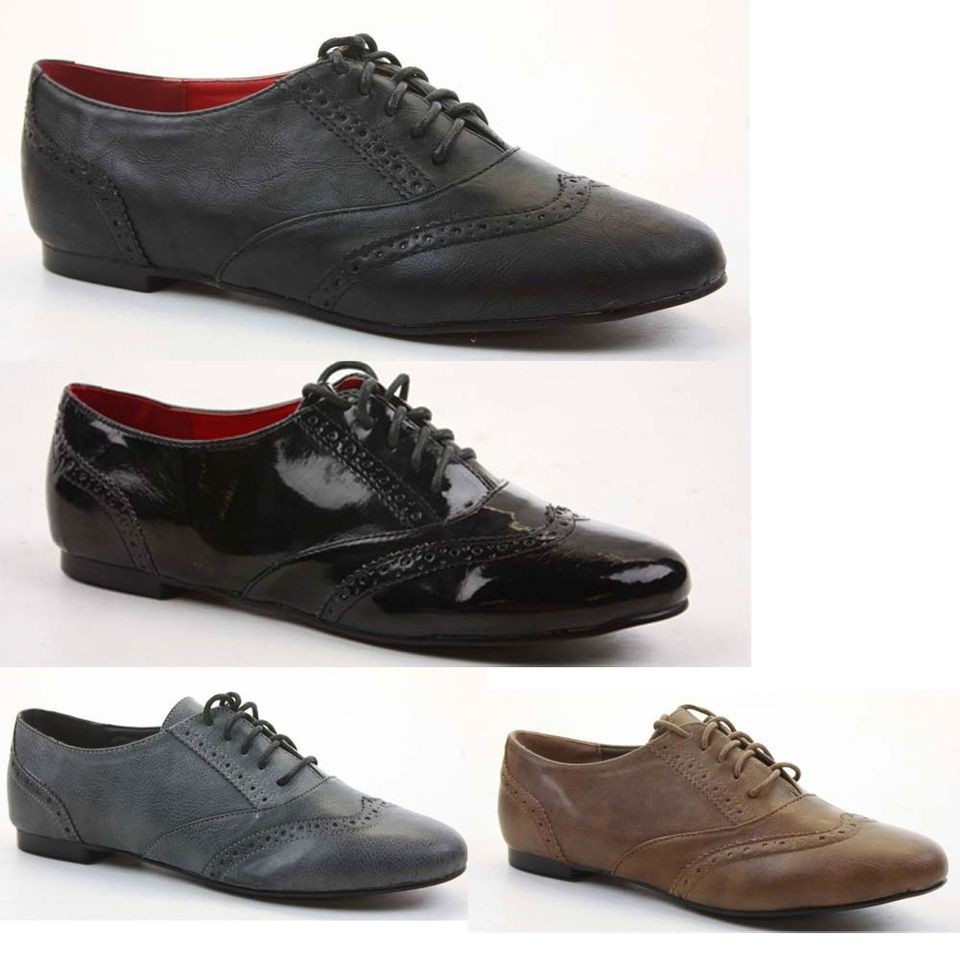 Ladies Brogues Lace Up Flat Pumps Casual Girls Vintage Retro Brogue 