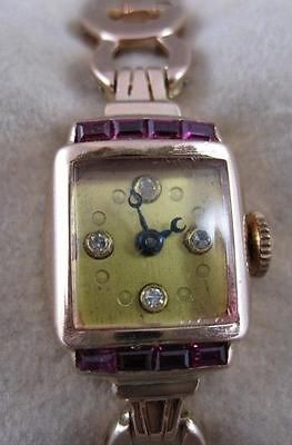   OLD MINE CUT DIAMOND RUBY 14K PINK ROSE GOLD WATCH 6.5 WORKS 2076