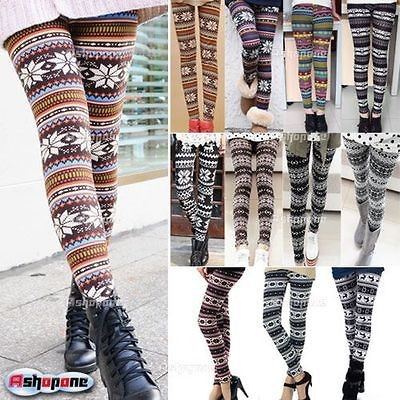 New Womens Nordic Deer Snowflake Knitted Leggings Tights Pants