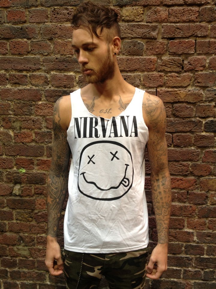 NIRVANA WHITE MUSCLE VEST T SHIRT VTG CUSTOMISED KURT COBAIN UNISEX