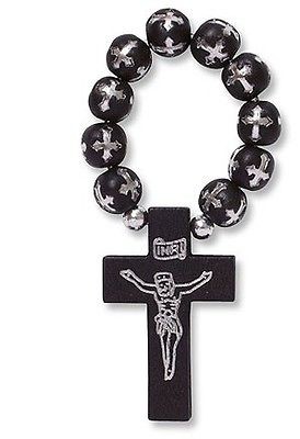 Catholic 2 Silver Plate Black Wood Bead w Budded Cross Detail Cord 