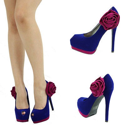 ROYAL BLUE PEEP TOE PURPLE FLOWER HIGH HEEL PLATFORM STILETTO WOMENS 