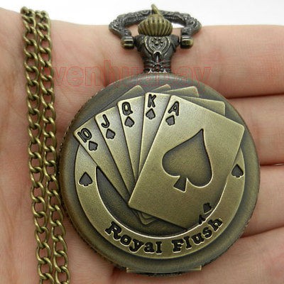 Bronze Royal Flush Poker Pocket Watch Necklace Pendant Chain Gift P80