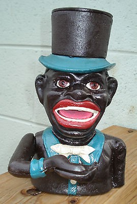   JOLLY BLACK AMERICANA TOP HAT BOY MECHANICAL COIN BANK J.E. STEVENS