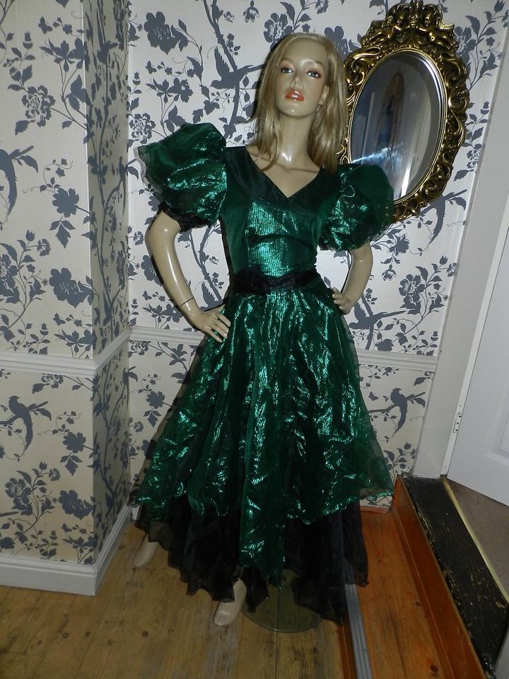 VINTAGE 80s METALLIC EMERALD GREEN PUFF SLVD FANTASY PRINCESS PROM 