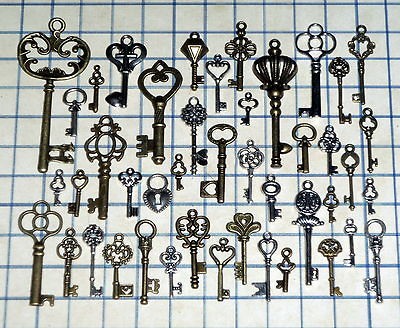   old look skeleton key lot pendant heart bow charm lock craft jewelry
