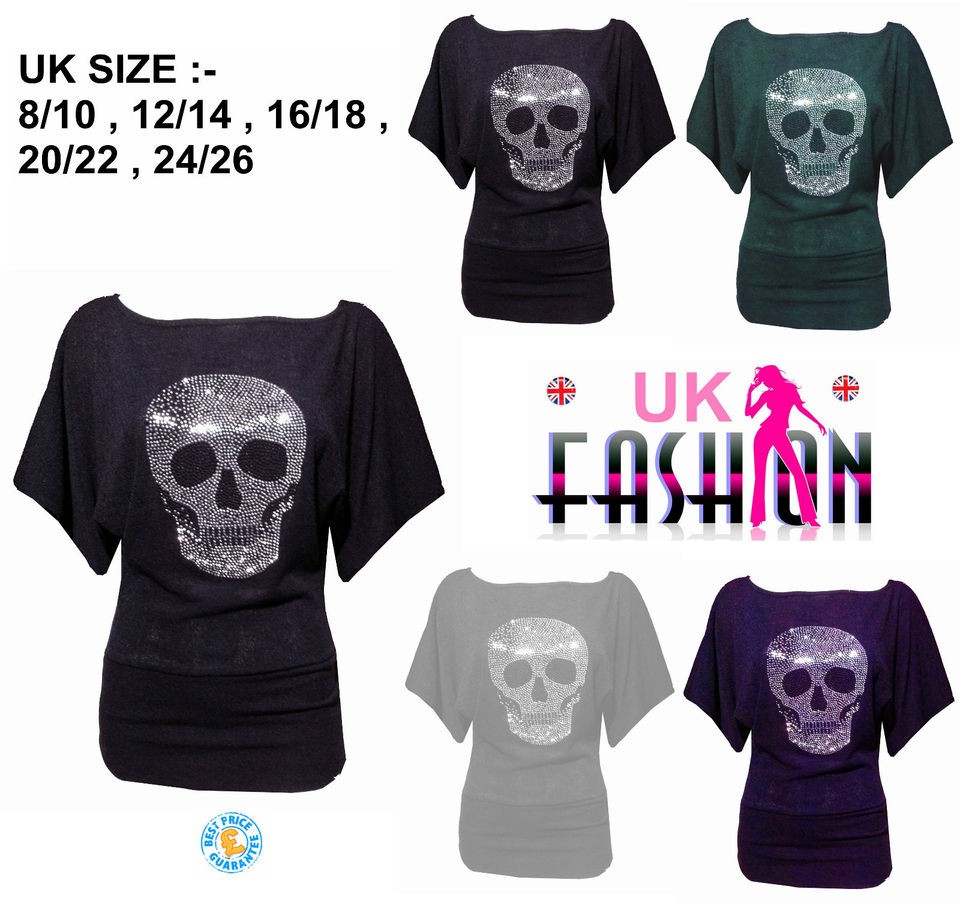 Womens Studded Skull Print Knitwear Batwing Top Ladies Skull Jumper 