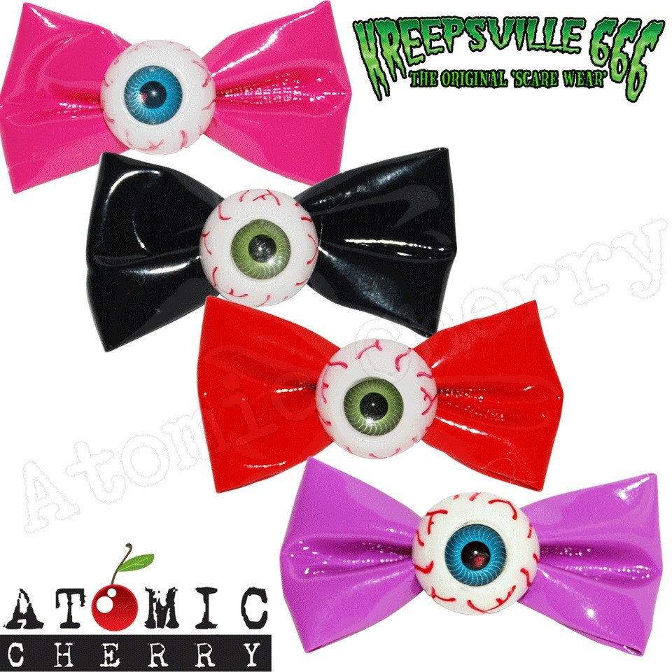 Kreepsville 666 Eyeball Bow Hair Clips x 2 Rockabilly Zombie Punk 