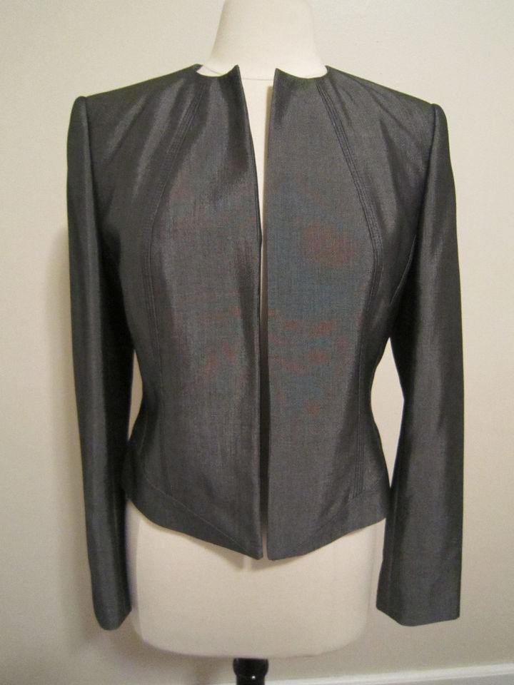 Calvin Klein Structured Waist Length Open Front Black Brushed Blazer 