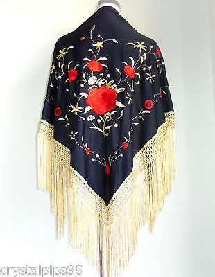 New Beautiful Large Spanish Flamenco Dance Shawl Black Red & Gold 