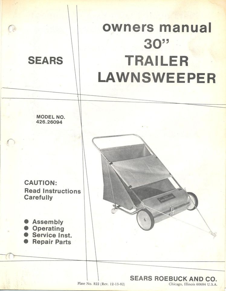  30 Trailer Lawnsweeper Model No. 426.26094 Vintage Owners 