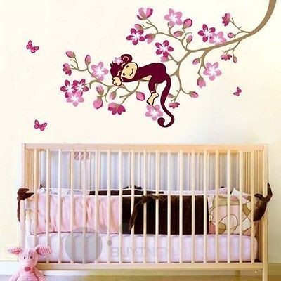   Monkey On The Tree Pink Flower Butterfly Cute Room Wall Sticker Decal