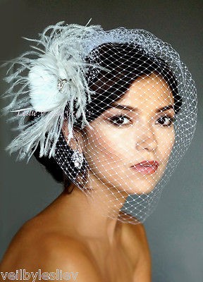 White RHINESTONE BROOCH Feather Fascinator & LARGE Birdcage Bridal 