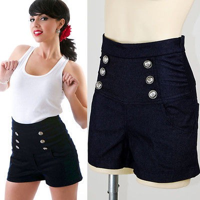 SAILOR Nautical ANCHOR DENIM HIGH WAISTED SHORTS ROCKABILLY HOTPANTS M