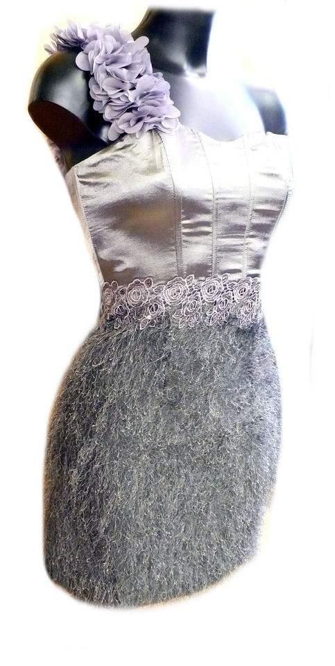 ELEGANT SILVER GREY ONE SHOULDER SATIN & OSTRICH FEATHER COCKTAIL 