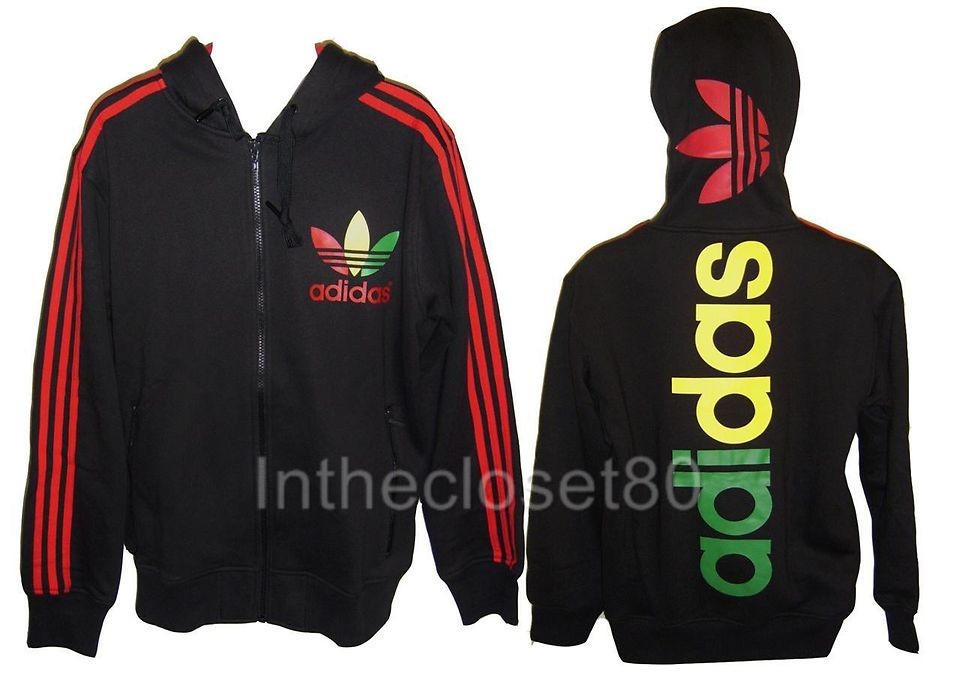 NEW ADIDAS LINEAR FLEECE RASTA MENS TRACK TOP HOODY JACKET BLACK/RASTA 