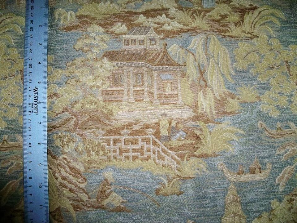 STUNNING CHINOISERIE PAGODA TOILE DAMASK FABRIC 10 YARDS MIST BLUE 