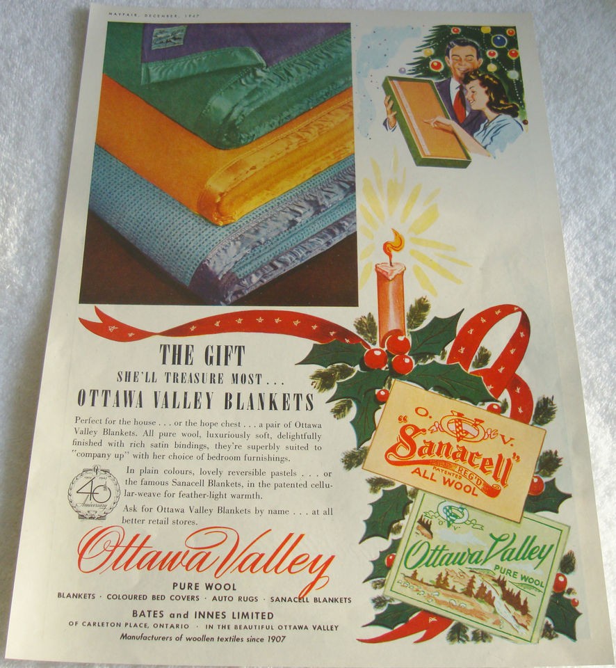 1947 OTTAWA VEALLEY ALL WOOL SANACELL BLANKETS CHRISTMAS HOLLY CANADA 