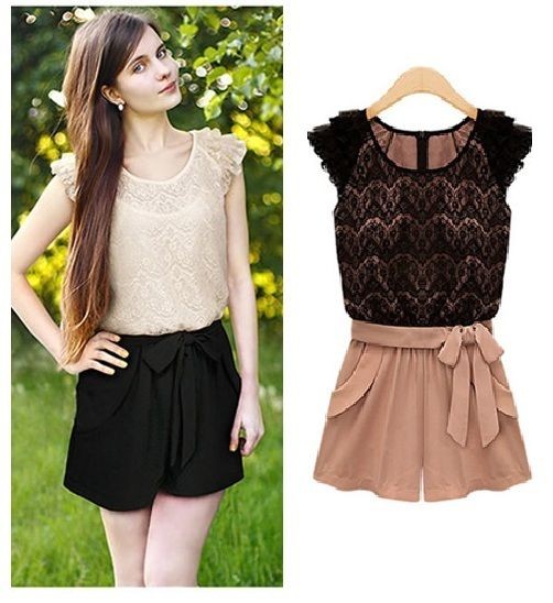 Retro Vinatge Ladies Sleeveless Lace Chiffon Crocheted Playsuit Romper 