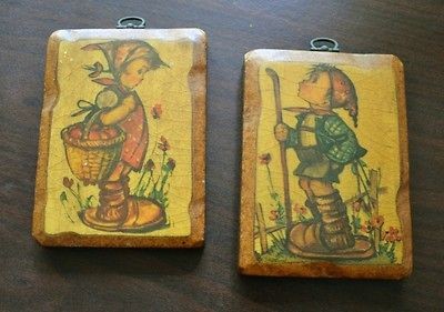 Vintage Hummel Print   Set of Two, one girl and one boy    on wood 