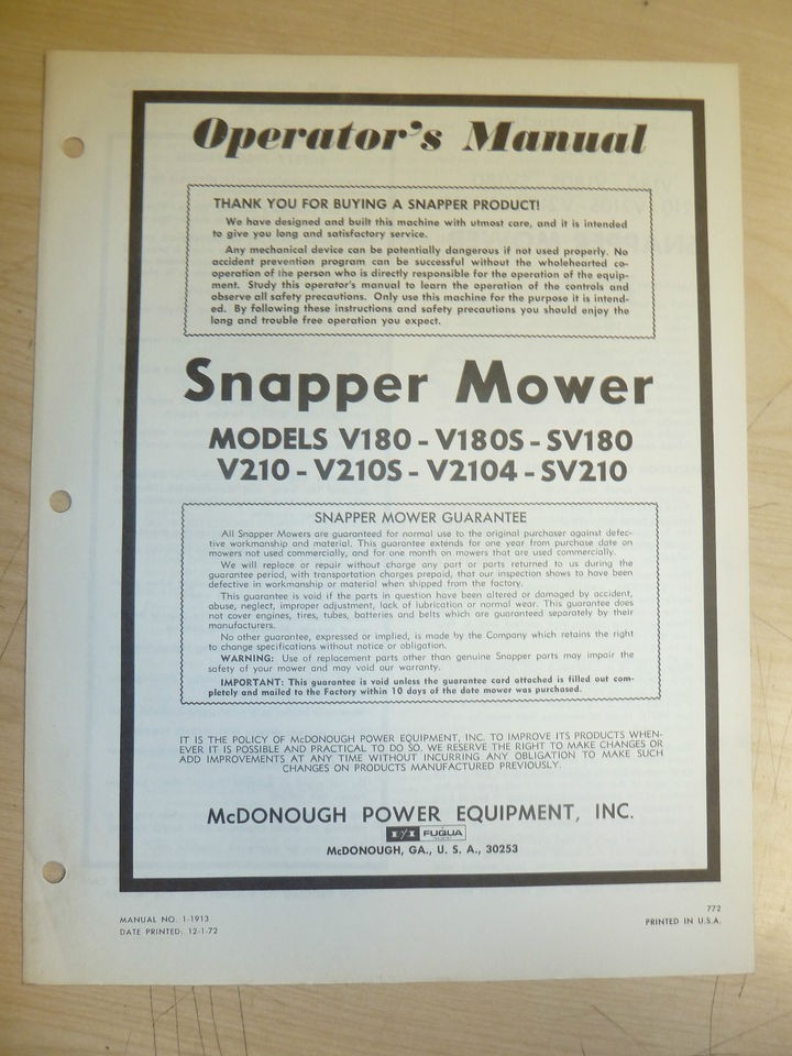 SNAPPER V180 V180S SV180 V210 V210S V2104 SV210 MOWERS PARTS MANUAL 