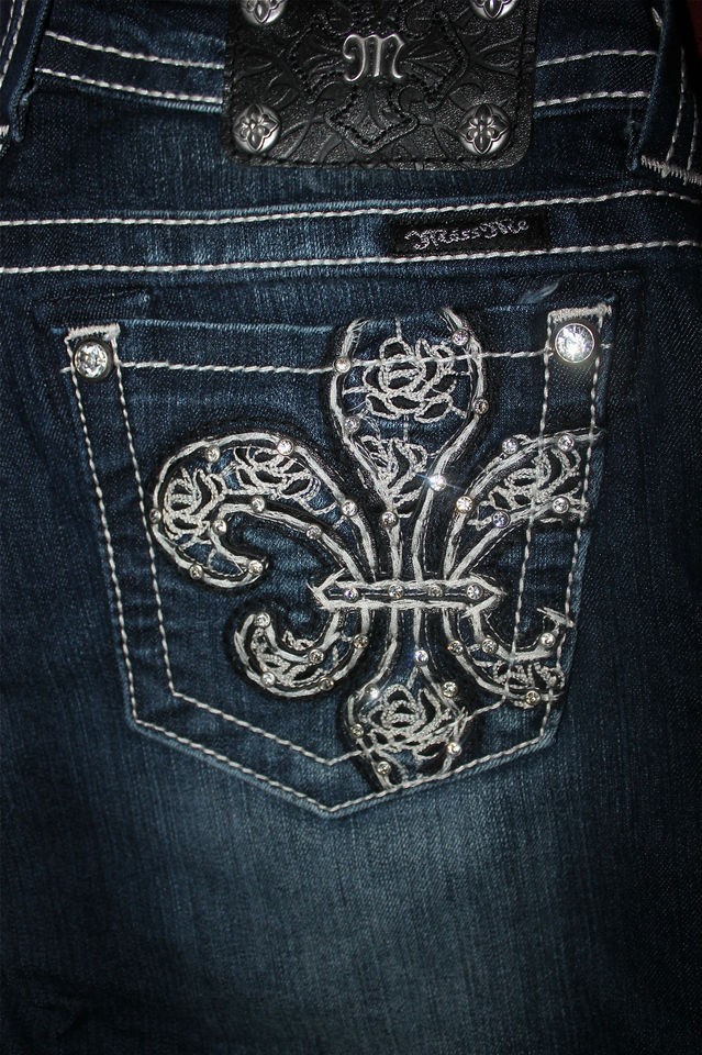 MISS ME JEAN ROSE DESIGN DARK FLEUR DE LIS RHINESTONES BOOT CUT SIZE 