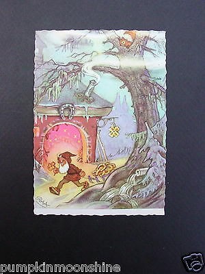 F140  Vintage Unused German Postcard Greeting Gnome Collecting Gold 