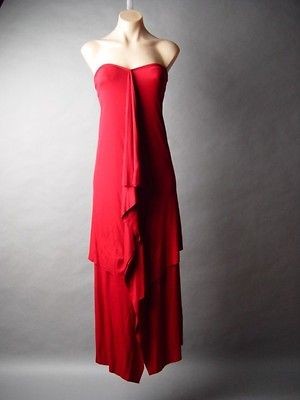 Red Draped Ruffle Lounge Leisure Wear Goddess Tube Jersey Long Maxi 