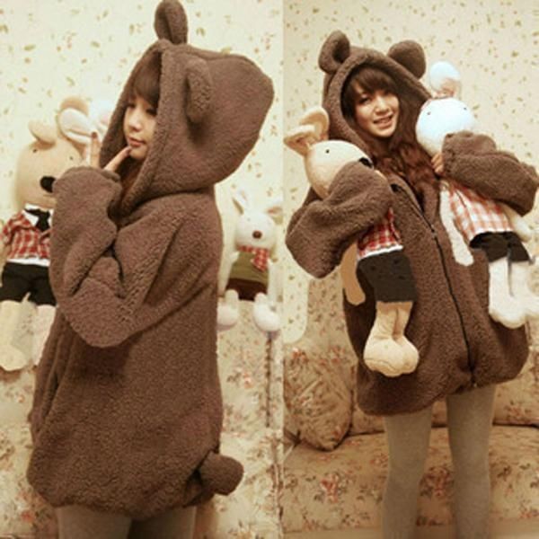   Winter Warm Cartoon Bear Ear Hoodie Hooded Outerwear Jackets Coat