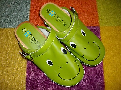   Sweden FROG SMILE FACE Green Swedish Vera Pelle Clogs Euro 33 Girl 1.5