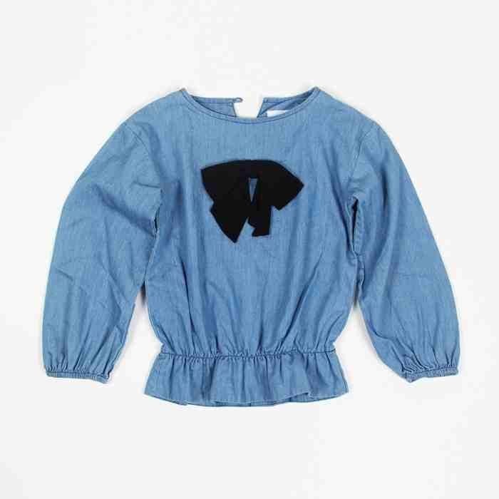 Mini Rodini Girls Denim Blue Long Sleeve Blouse with Black Bow BNWT