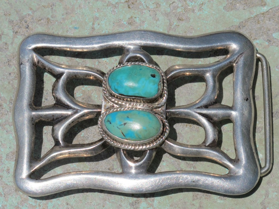 VINTAGE SOUTHWESTERN TRIBAL TUFA CAST STERLING SILVER & TURQUOISE BELT 