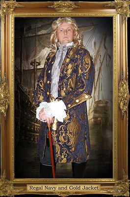 MEN RENAISSANCE NAVY BROCADE CHENILLE REGAL PIRATE VAMPIRE JACKET COAT 