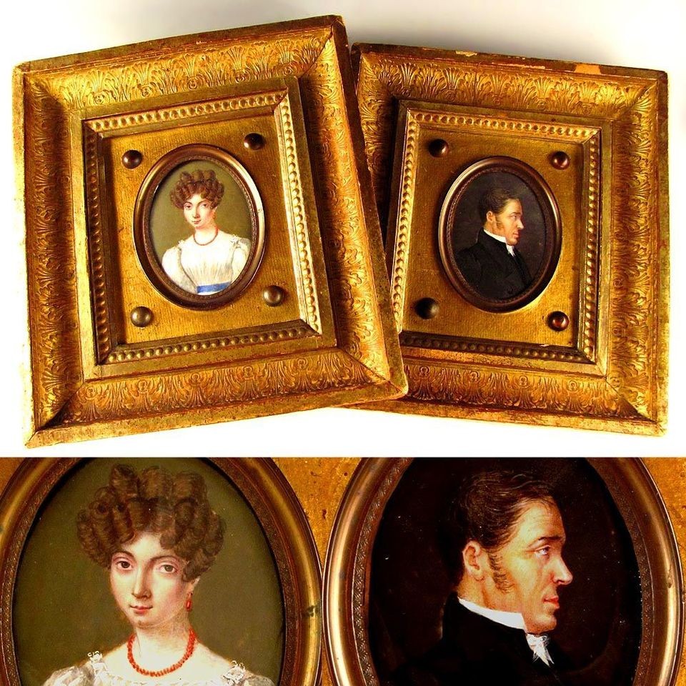 PAIR ANTIQUE GEORGIAN MINIATURE PORTRAIT PAINTINGS GENTLEMAN & LADY 