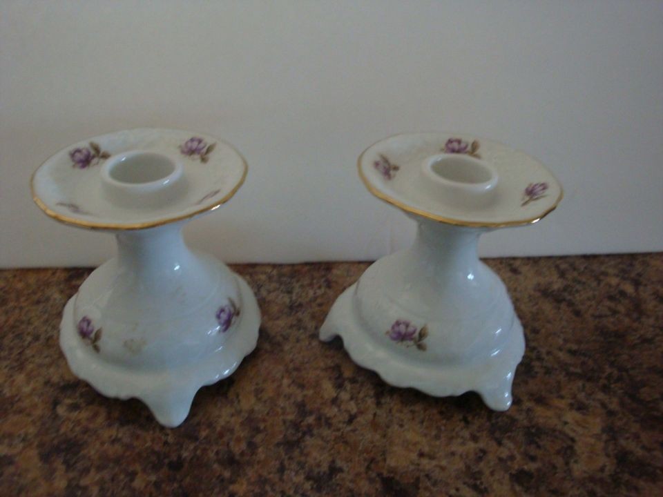 VINTAGE BAVARIA SCHUMANN ARZBERG Purpal Floral Candlesticks w/Gold 