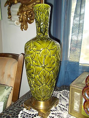 Vintage Grape Leaf Pottery Lamp,Green Majolica,Engli​sh/Italian?Bra 