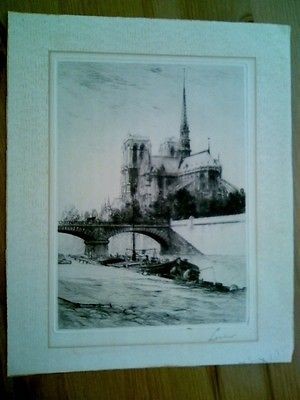   Signed Etching of Fishermen Under Bridge w/ Church in Background