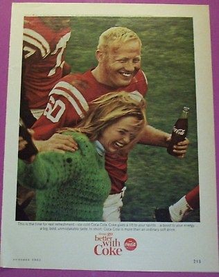 1965 COCA COLA   COKE SODA FOOTBALL PLAYER AD ART