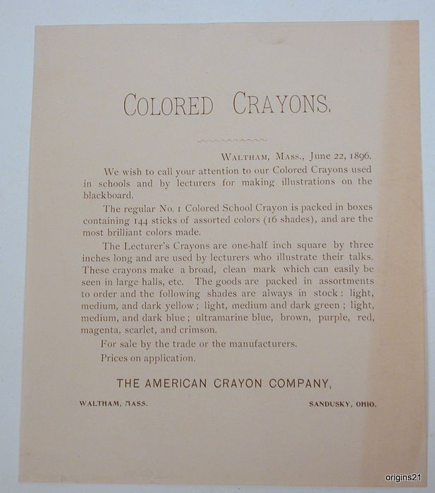 1896 handbill American Crayon Company Sandusky OH Waltham MA Lecturer 