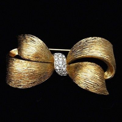 Bow Pin Textured Goldtone Metal & Rhinestones Vintage Panetta