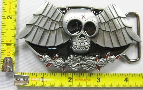 DEVIL HORNS METAL BELT BUCKLE RED ROSE WINGED SKULL BIKER MOTORCYCLE 