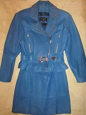 600 Blue Leather PATRICIA WOLF JACKET & SKIRT, Harley Biker Flair 