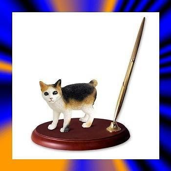   WHITE TORT Cat Pen Set Kitty Statue Adorns Wooden Base Gold Pen