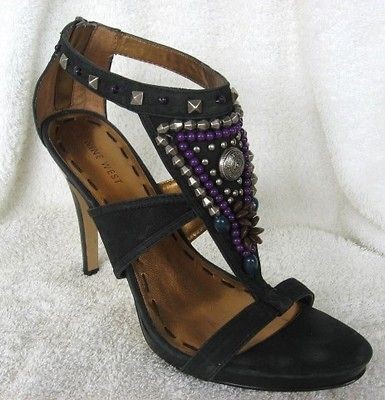   BLACKSUEDE LEATHERPLATFORMHEELSw STUDS & BEADSsz 9