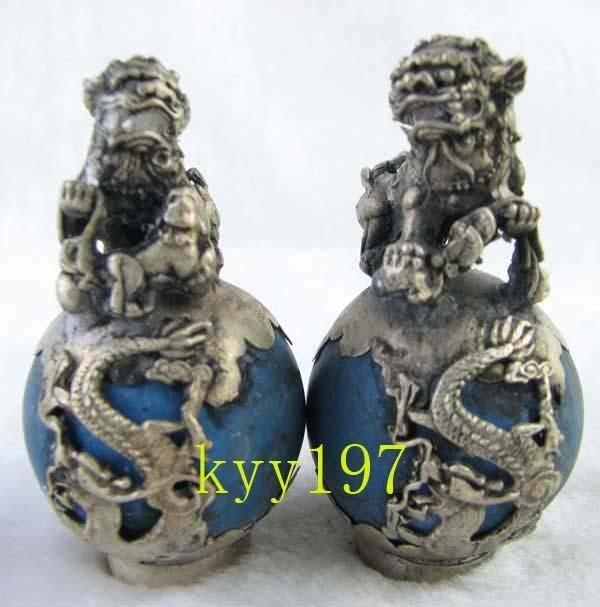 pair turquoise inlay dragon phoenix lion foo fu dog from