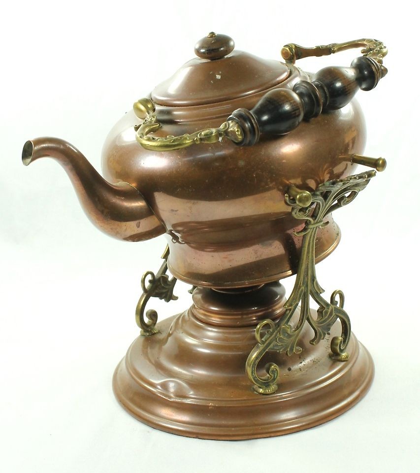 copper teapot w warming stand brass hardware vintage time left