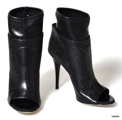 1,999 NEW Giuseppe Zanotti Black Glitter & Leather Opentoe Booties 38 