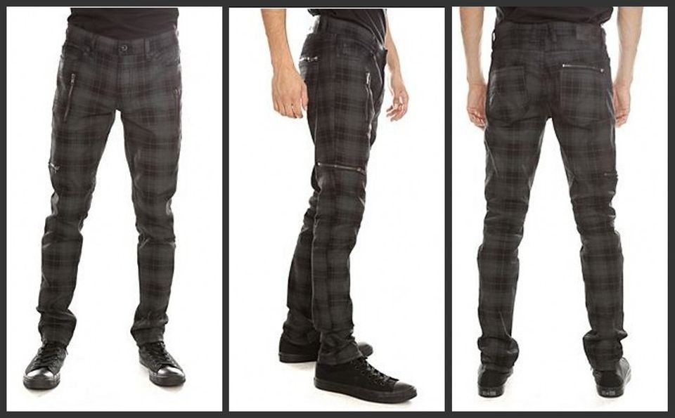 RUDE Black And Grey Plaid Zipper Skinny Fit Denim Jeans PunK EMO