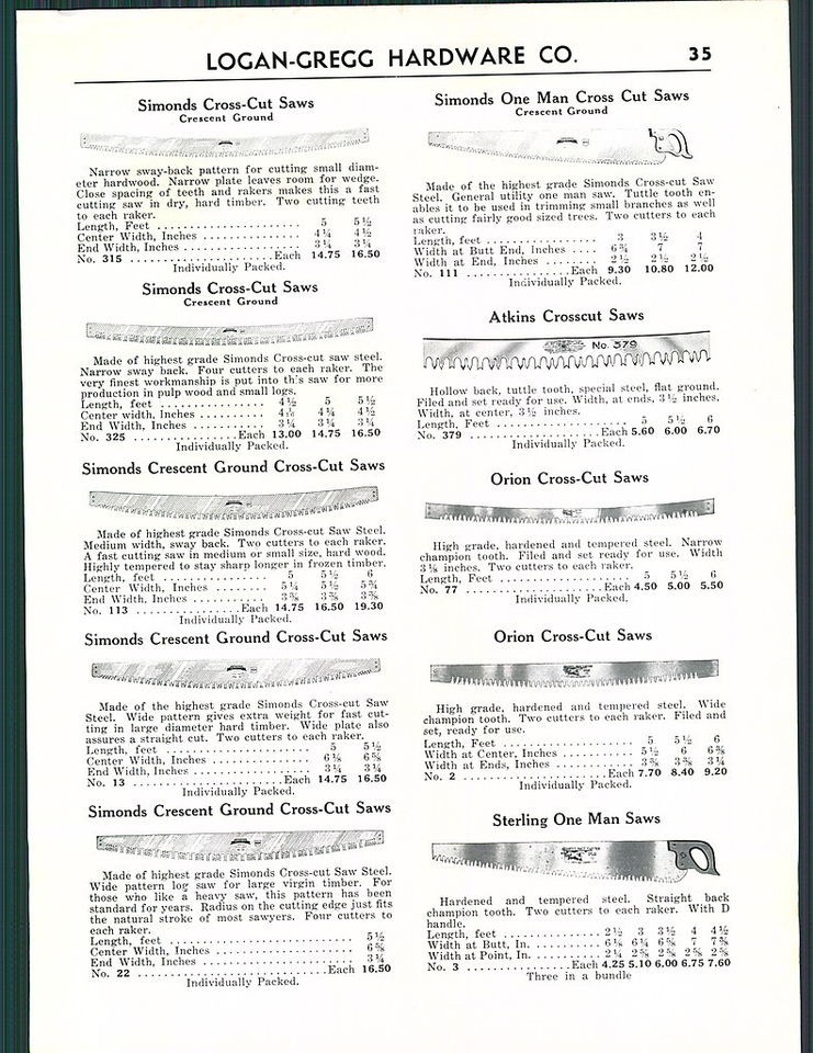 1953 AD Sterling One 1 Man Saw Two 2 Cross Cut Orion Simonds Atkins