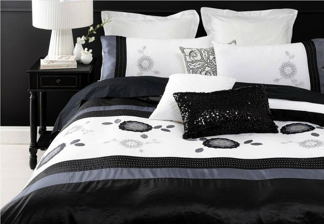 FILMORE Black White Applique Sequins~KING Size Quilt Doona Cover Set